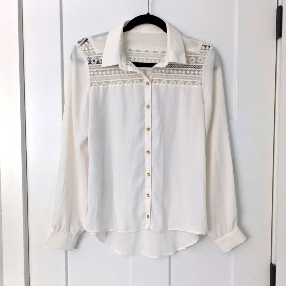 Sheer button down w/ lace yoke